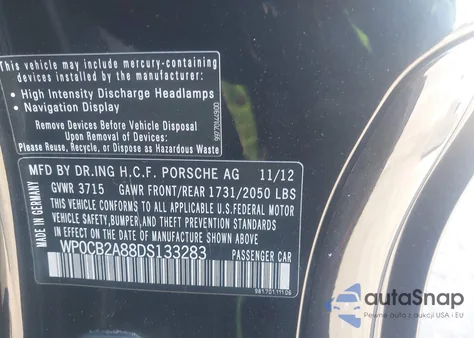 2013 Porsche Boxster S from USA, damaged, VIN WP0CB2A88DS133283